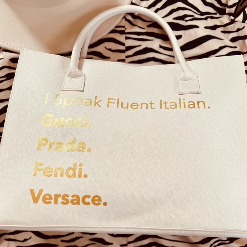 I Speak Fluent Italian” Vegan Leather Tote Bag- Cream